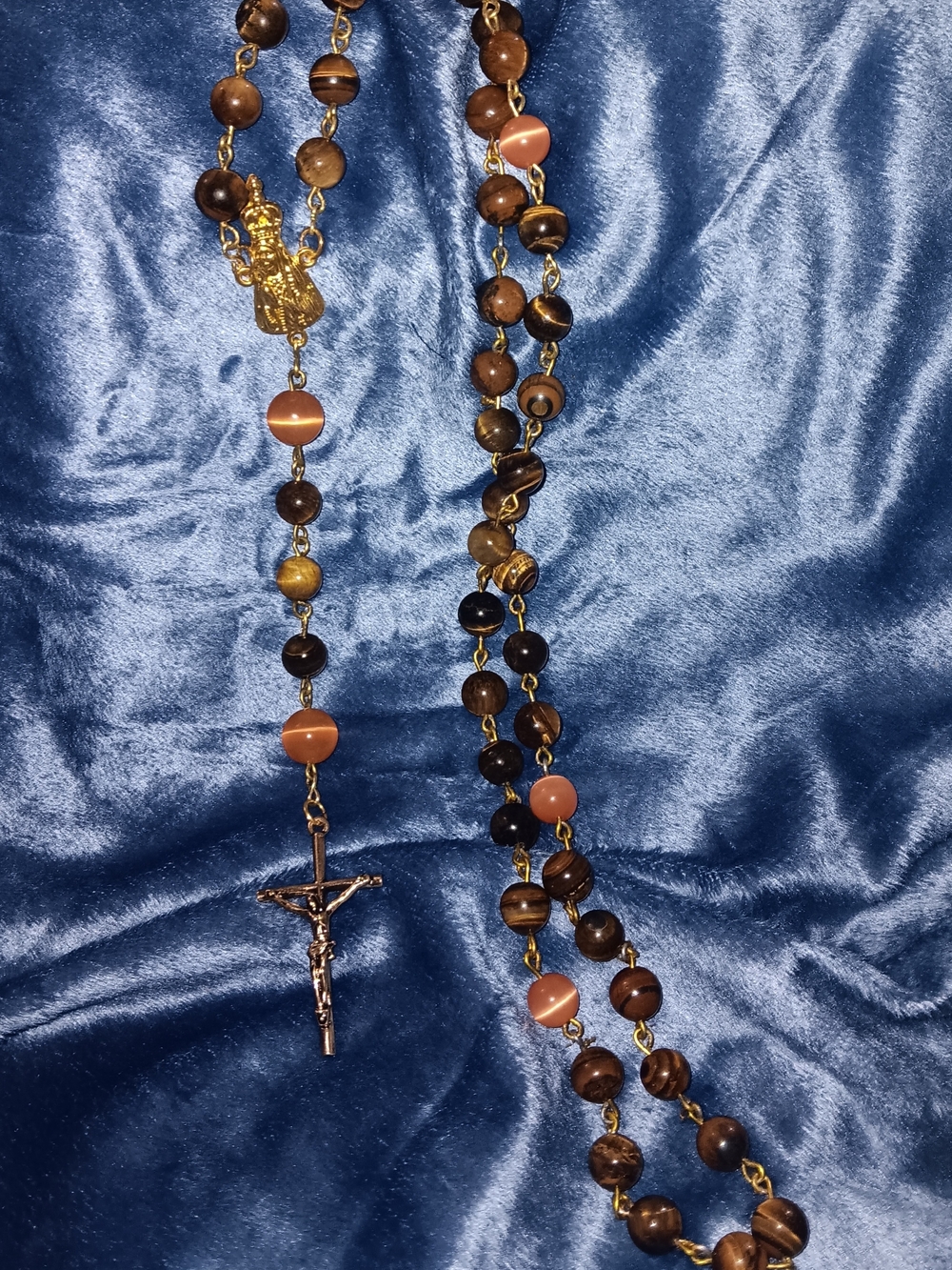 Tiger's Eye Brown Stone Rosary with Gold Crucifix